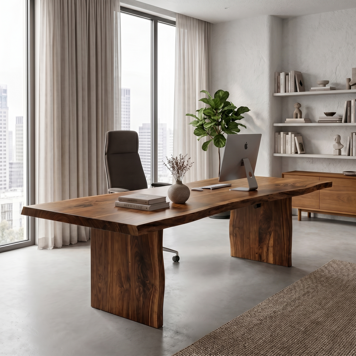 Rustic Live Edge Wooden Desk With Solid Wood Pedestal Base