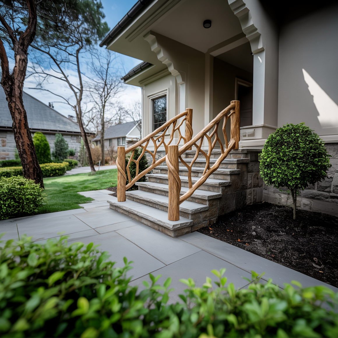 Rustic Stair Wooden Railing For Outdoor Stair Or Entryway