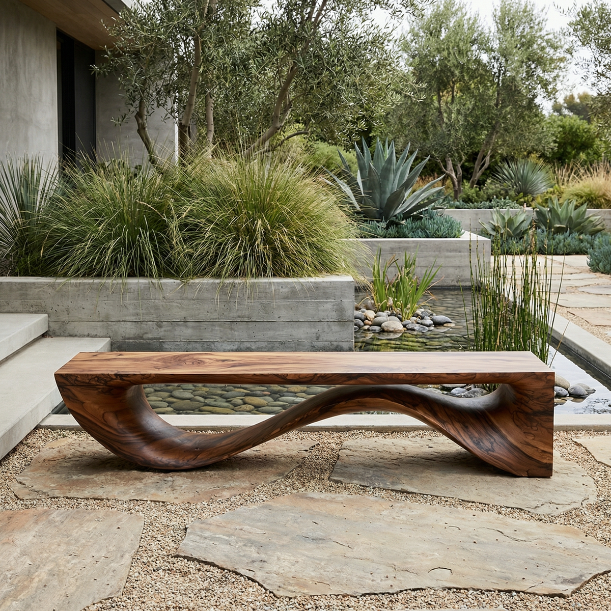 Sculptural Wave Bench Solid Wood Extended Curved Form Entryway