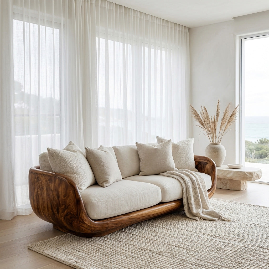 Organic Wooden Sofa With Rounded Edges For Living Room