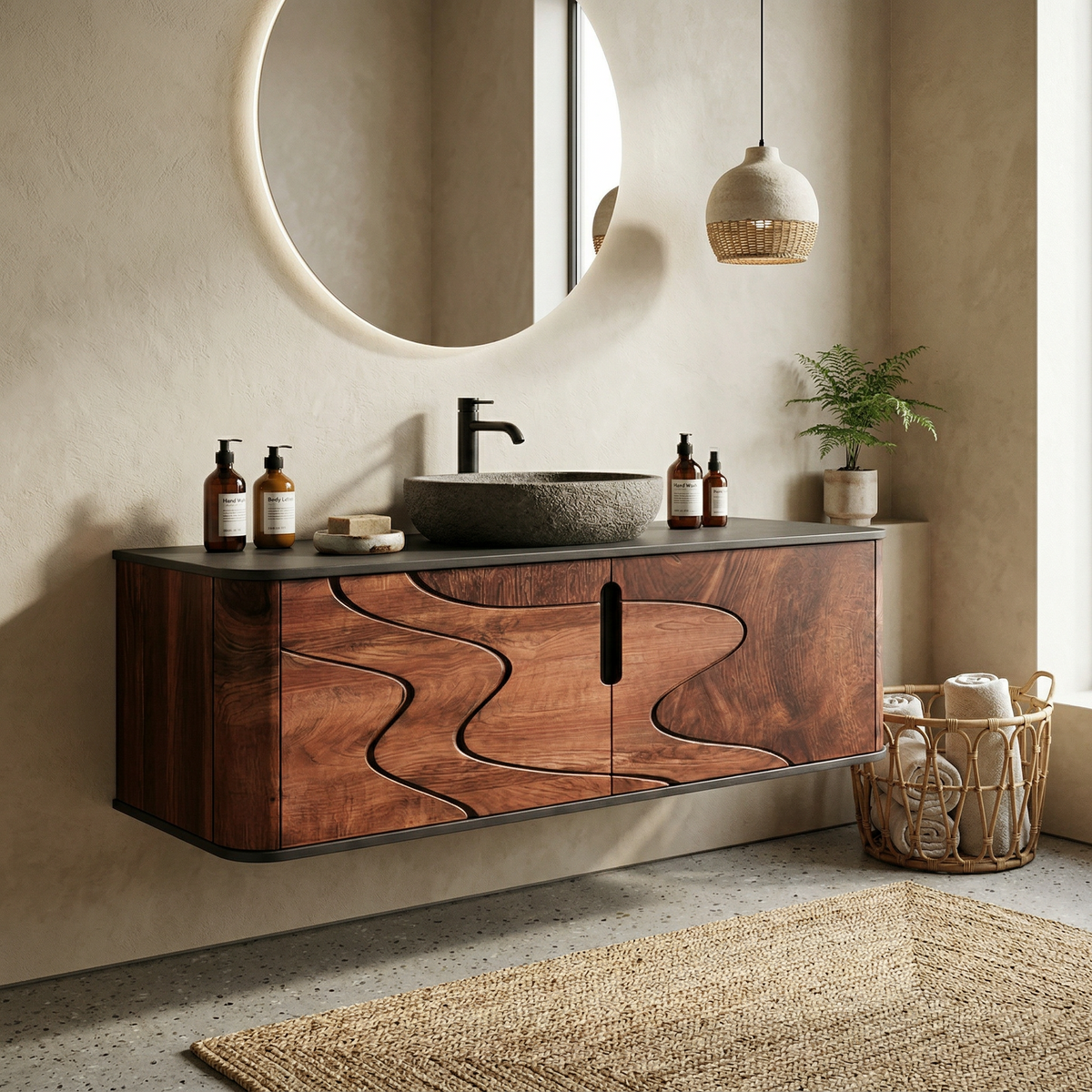 Organic Flow Bathroom Vanity Solid Wood Curved Front Storage Bathroom