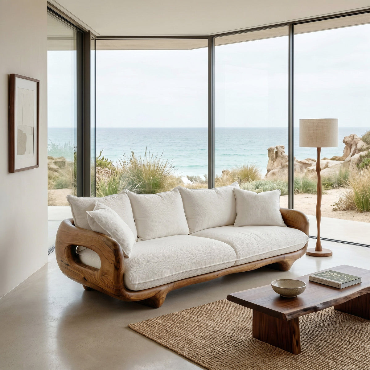 Modern Farmhouse Curved Sofa With Solid Frame For Living Room