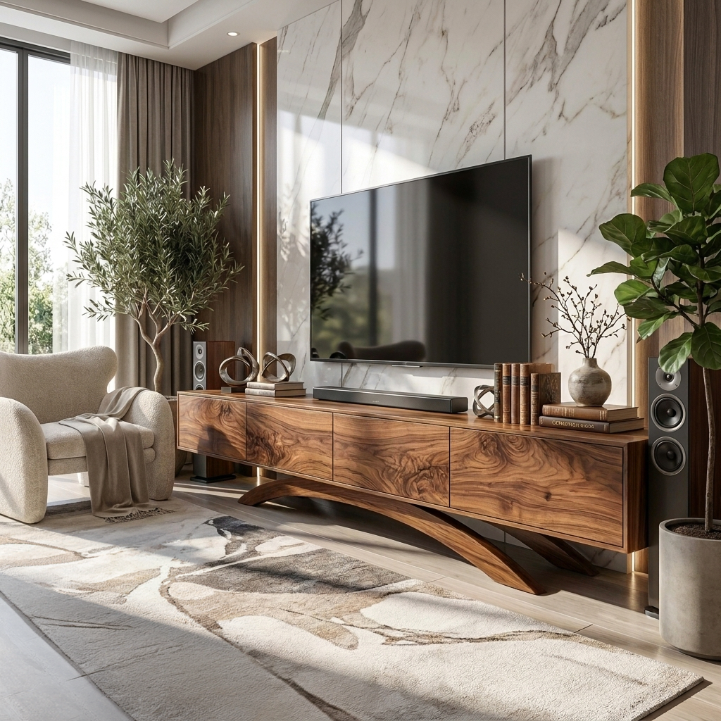 Modern Wooden TV Cabinet With Curved Base For Home Interior