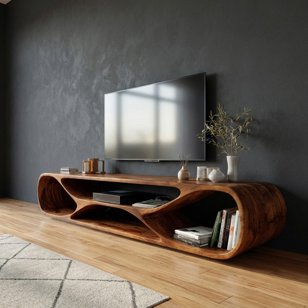 Contemporary Curved Wood TV Stand For Modern Living Room