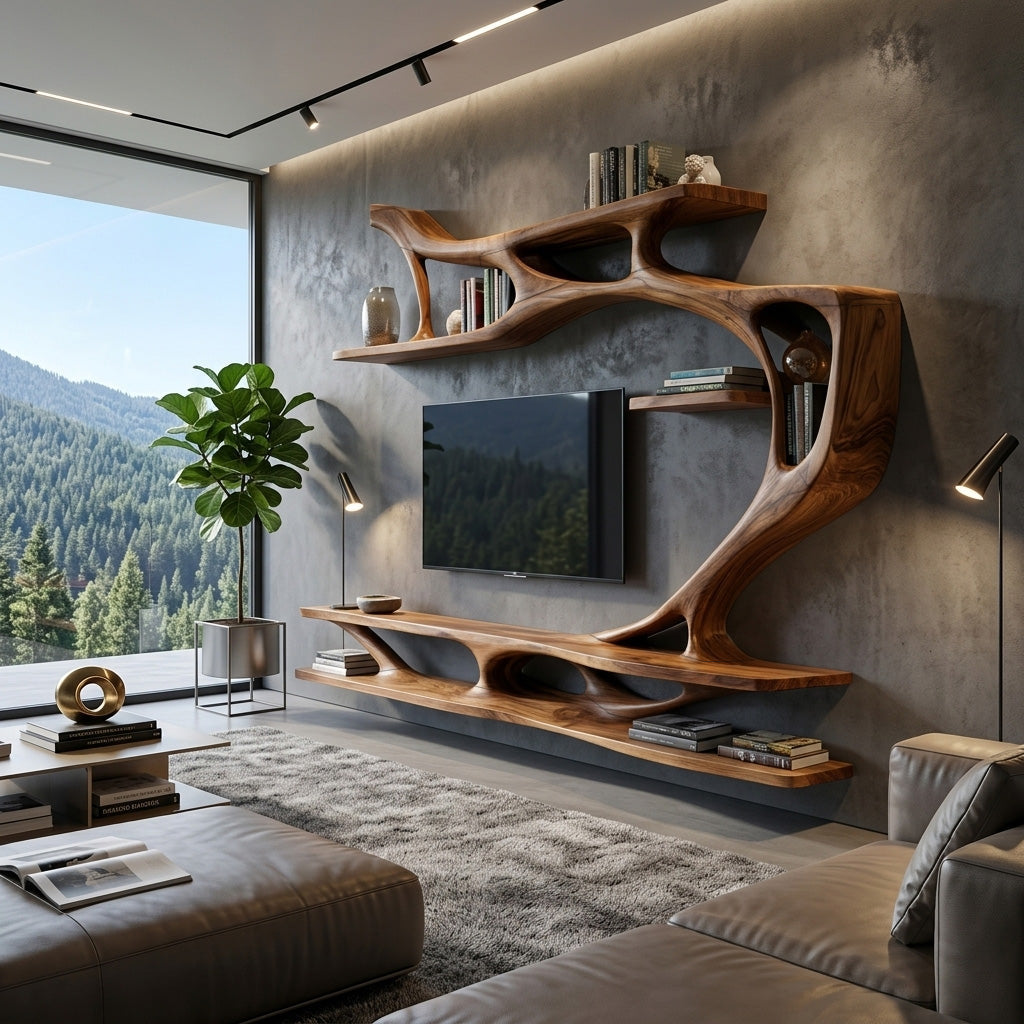 Organic Modern Sculptural Wall TV Shelf For Living Room