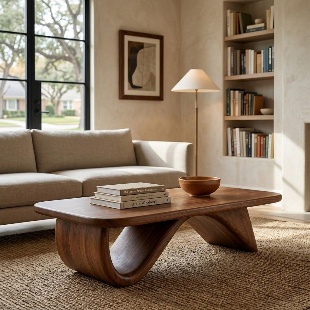 Organic Wood Coffee Table With Sculpted Curved Base For Living