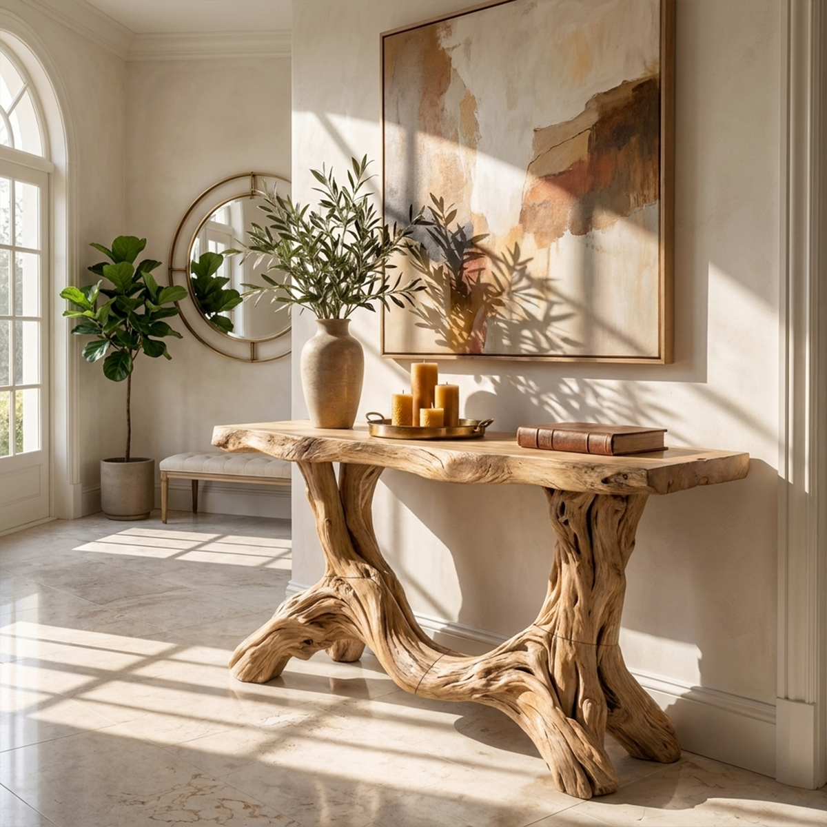 Sculptural Single Pedestal Wood Console Table