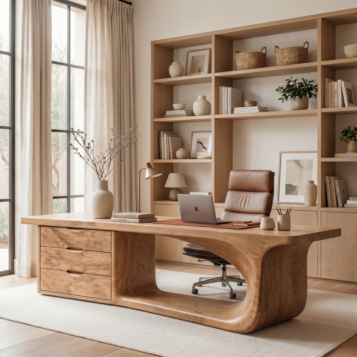 Rustic Executive Desk With Sculptural Solid Wood Base & Storage Drawers