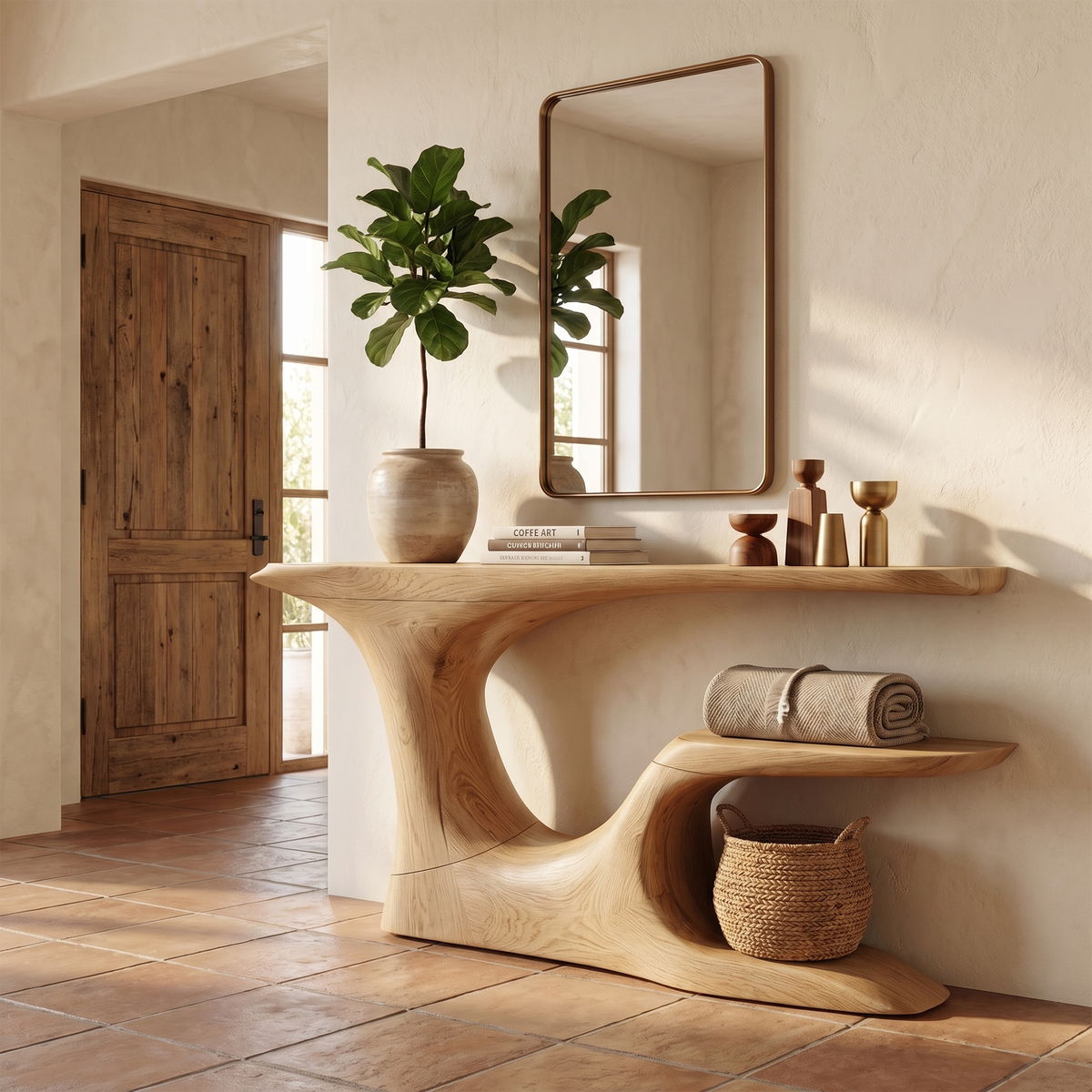 Rustic Organic Console Table With Live Edge Top & Sculptural Solid Wood Base