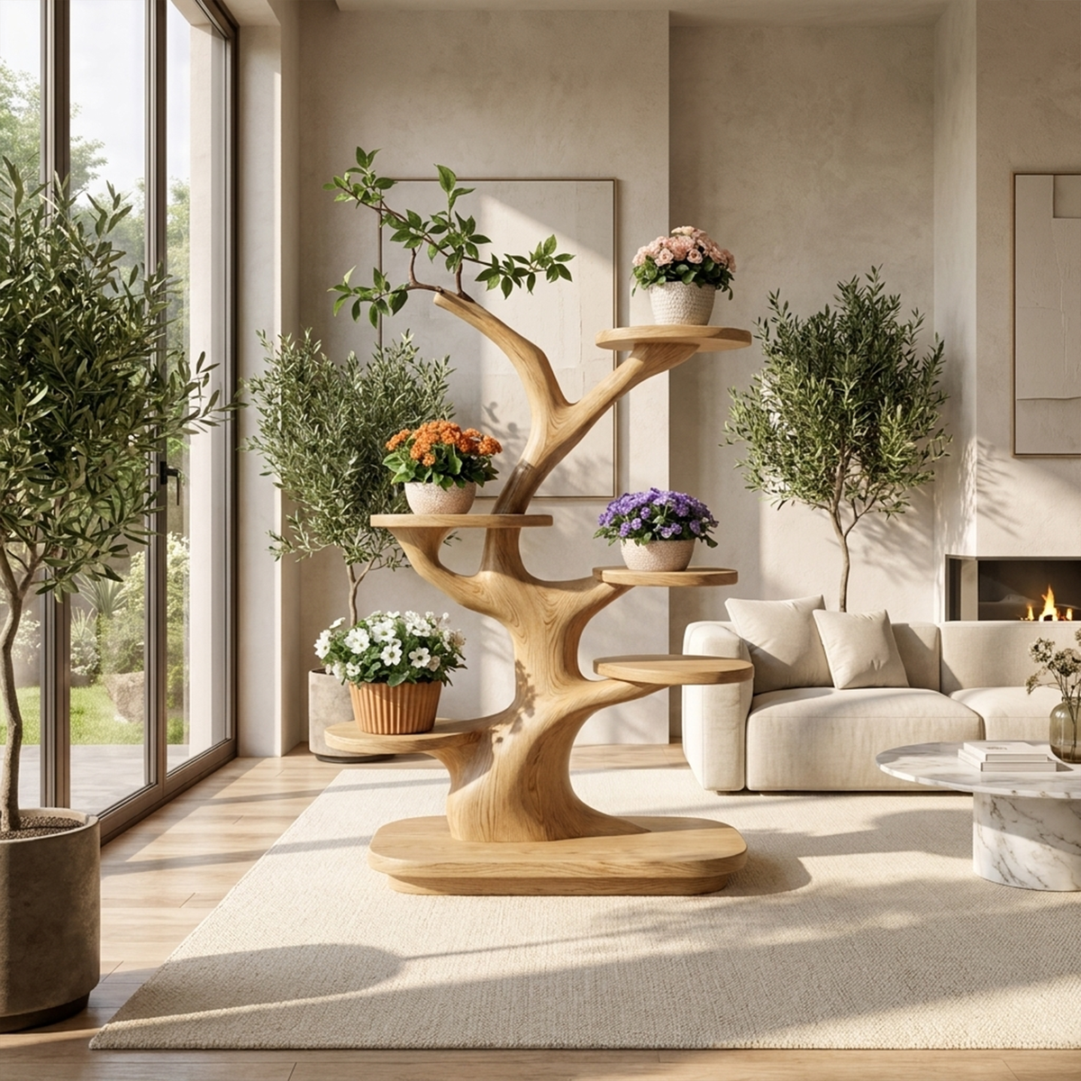 Midcentury Wooden Tree Plant Stand Home Interior