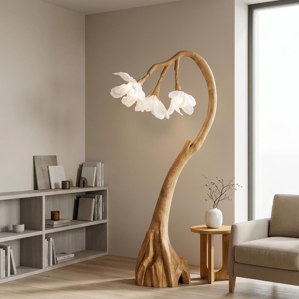 Floral Floor Lamp With Organic Wood Base