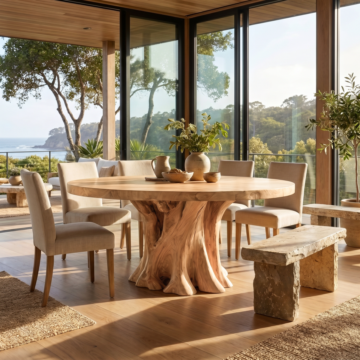 Rustic Round Dining Table With Solid Wood Sculptural Base For Dining Room