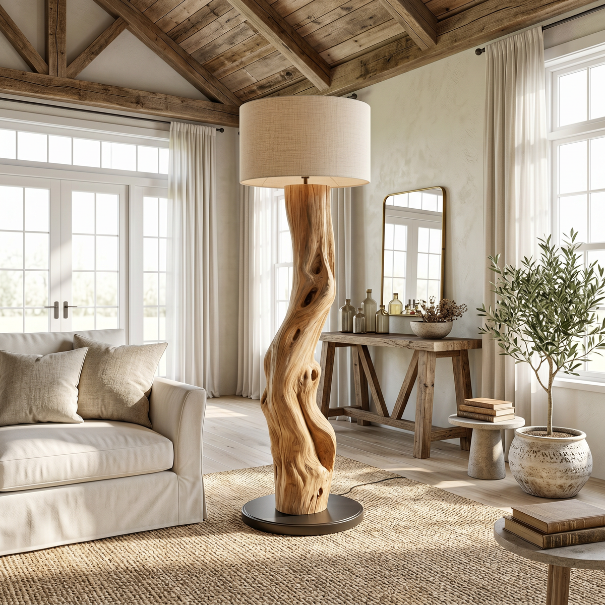 Modern Sculptural Wooden Standing Lamp For Bedroom And Corner