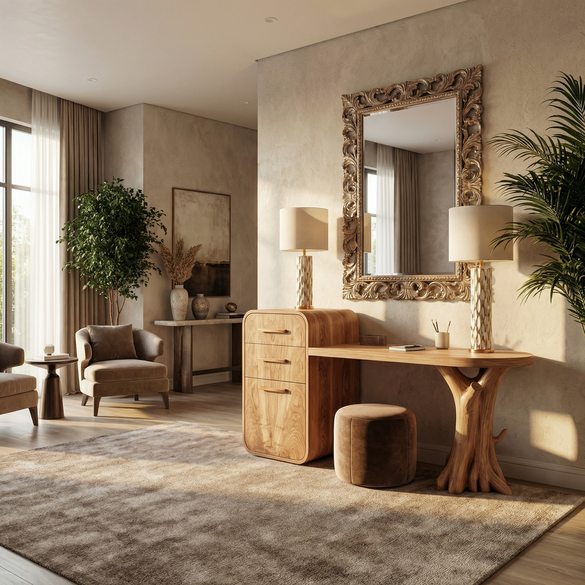 Sculptural Dressing Table With Storage Unique Tree Root Base Design For Bedroom