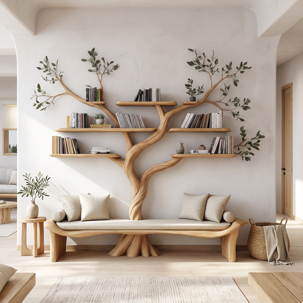 Rustic Sculptural Tree Bookshelf Bench Living Room Interior Statement Furniture