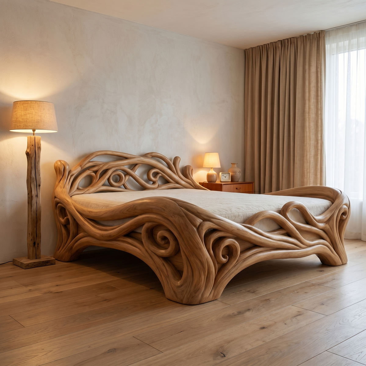 Organic Sculptural Bed Frame With Flowing Root-Inspired Wood Design