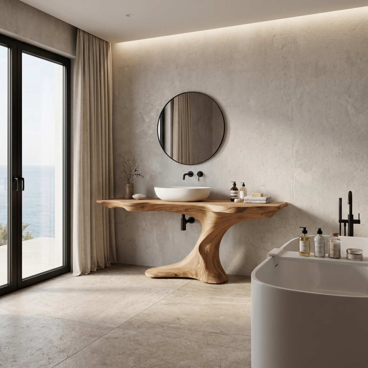 Rustic Organic Bathroom Vanity With Live Edge Countertop & Sculptural Tree Root Base