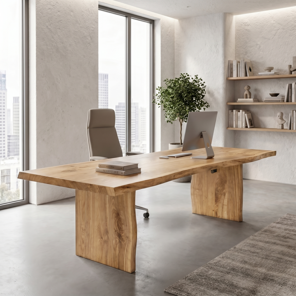 Rustic Live Edge Wooden Desk With Solid Wood Pedestal Base