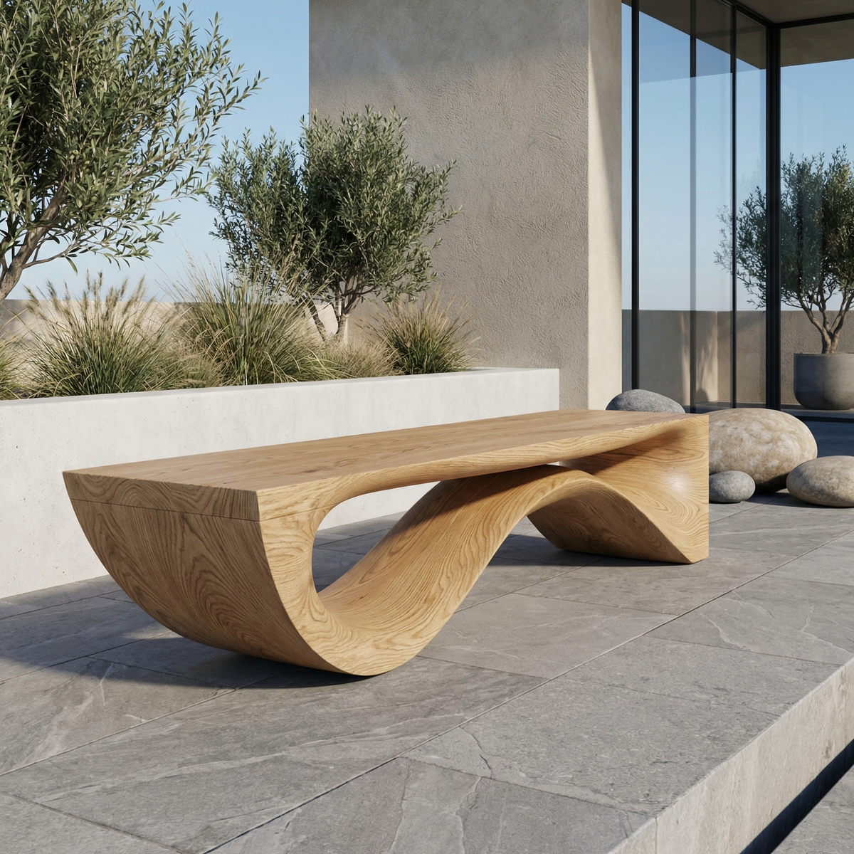 Sculptural Wave Bench Solid Wood Extended Curved Form Entryway