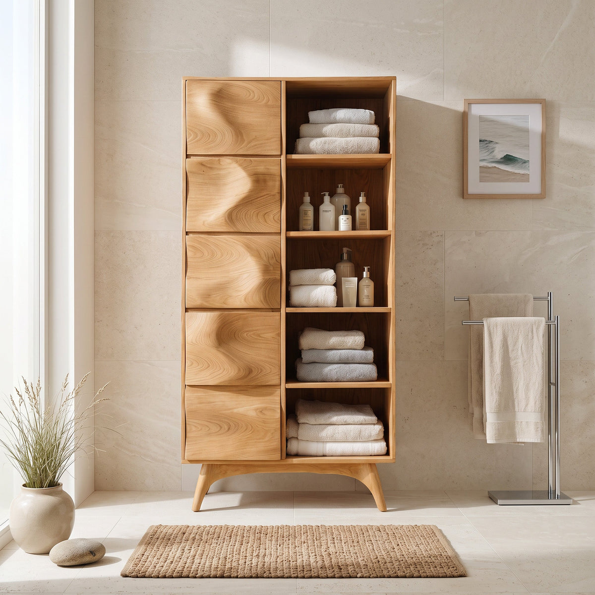 Sculpted Wood Bathroom Cabinet With Wavy Doors For Spa Decor