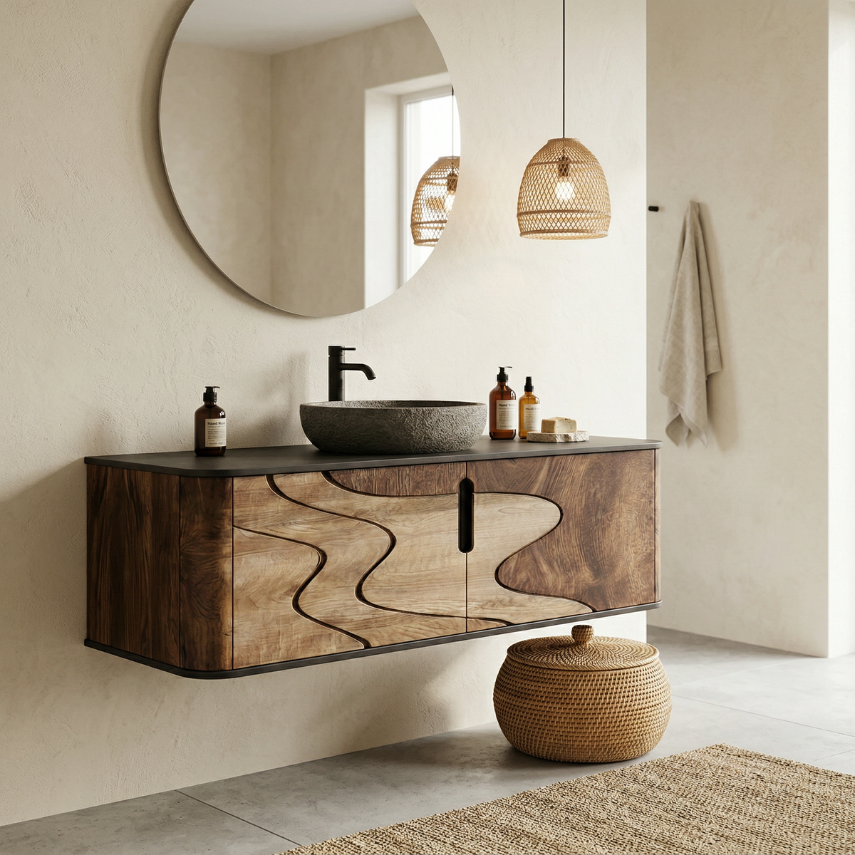Organic Flow Bathroom Vanity Solid Wood Curved Front Storage Bathroom