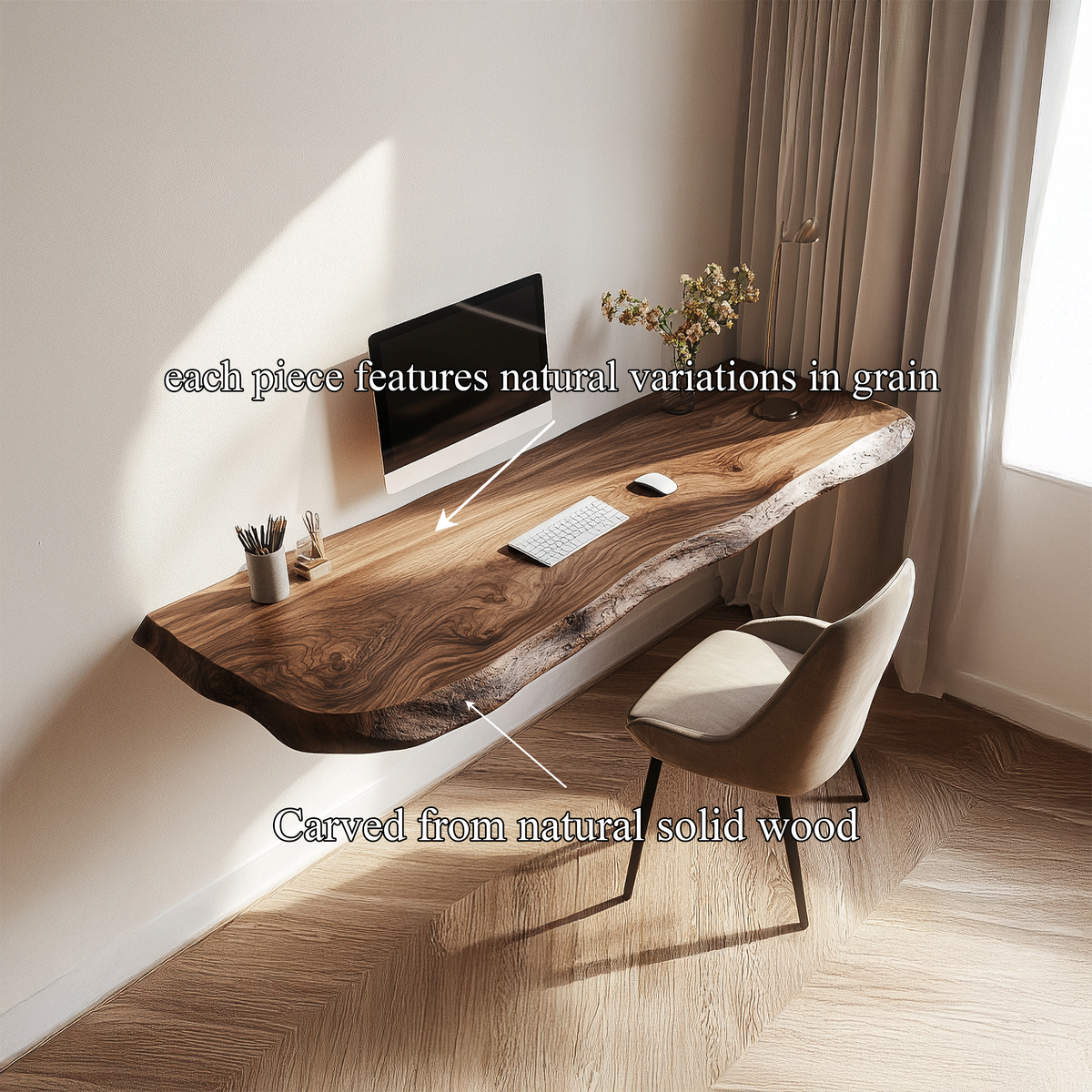 Rustic Live Edge Floating Desk Solid Wood Home Office Interior Wall Mounted