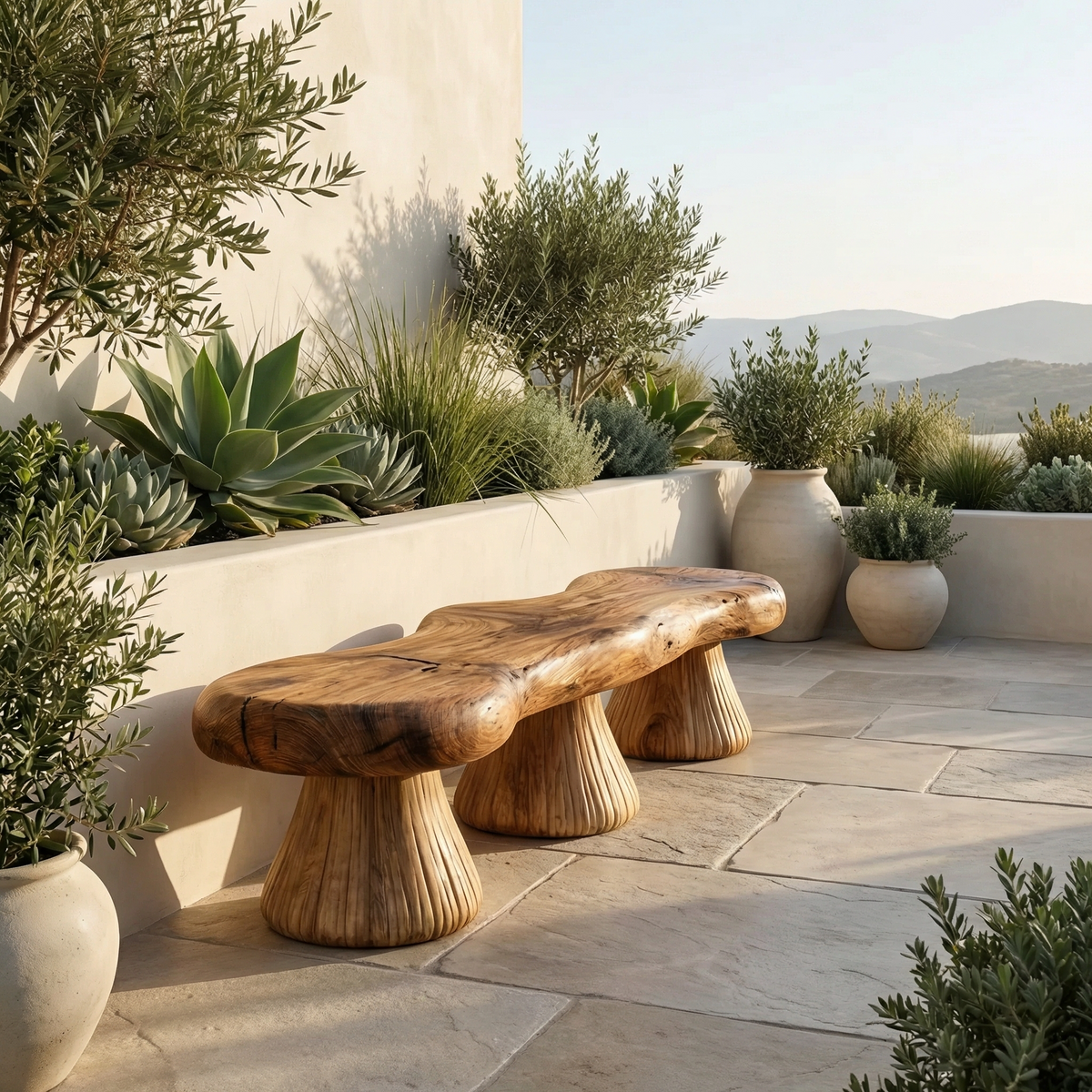 Natural Mushroom Bench Solid Wood Rustic Sculptural Design Entryway Or Garden Space