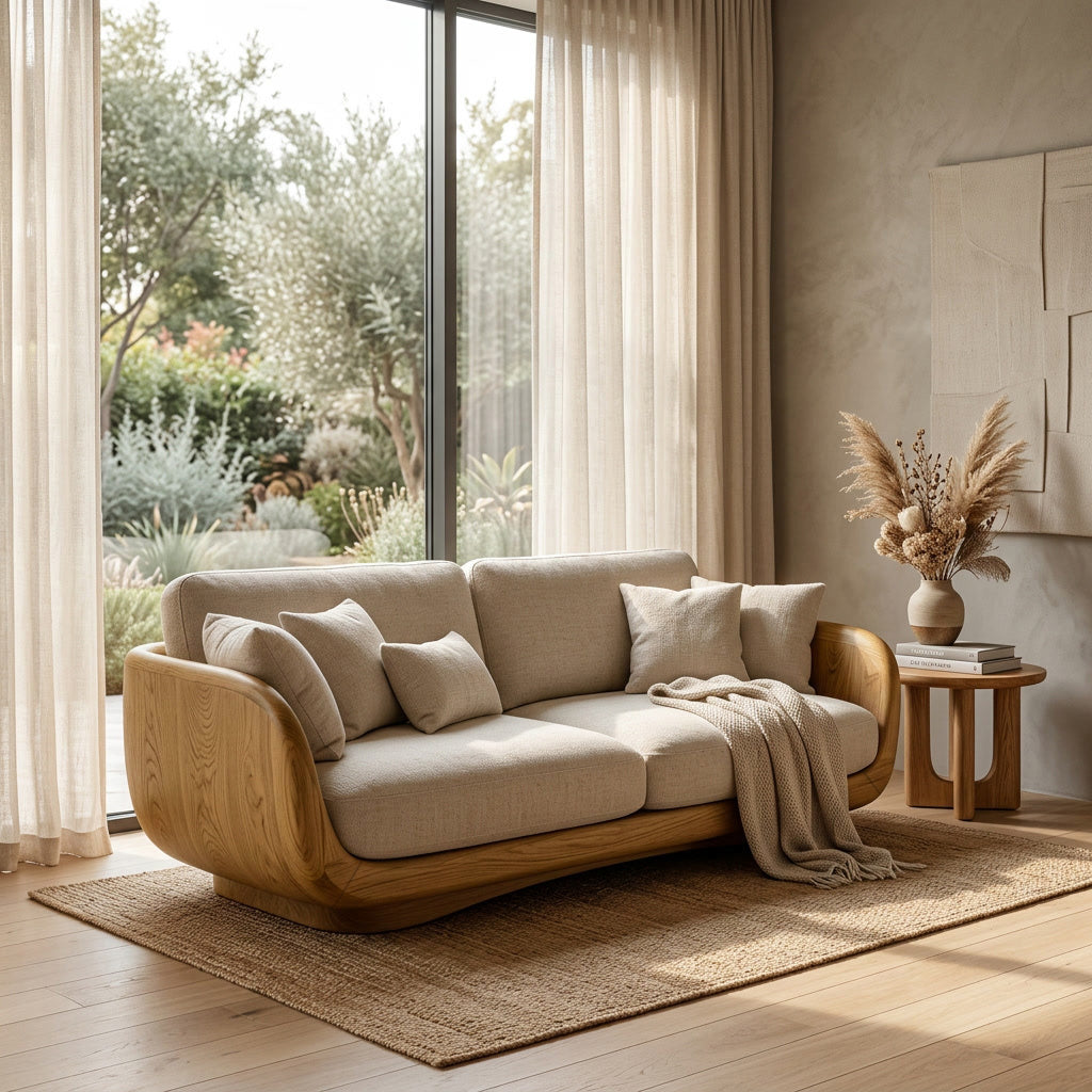 Organic Wooden Sofa With Rounded Edges For Living Room