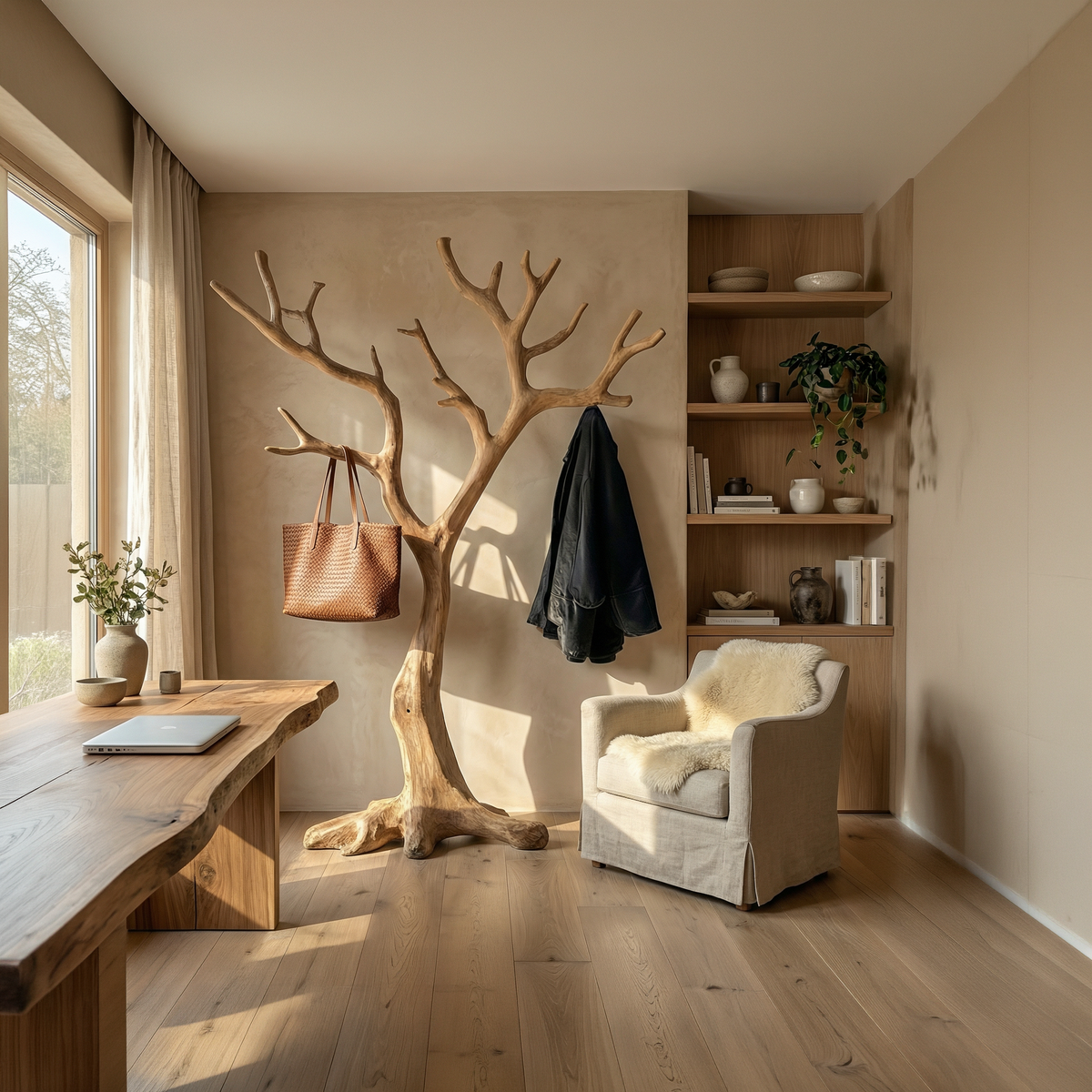 Rustic Sculptural Coat Rack For Entryway And Modern Rustic Interior