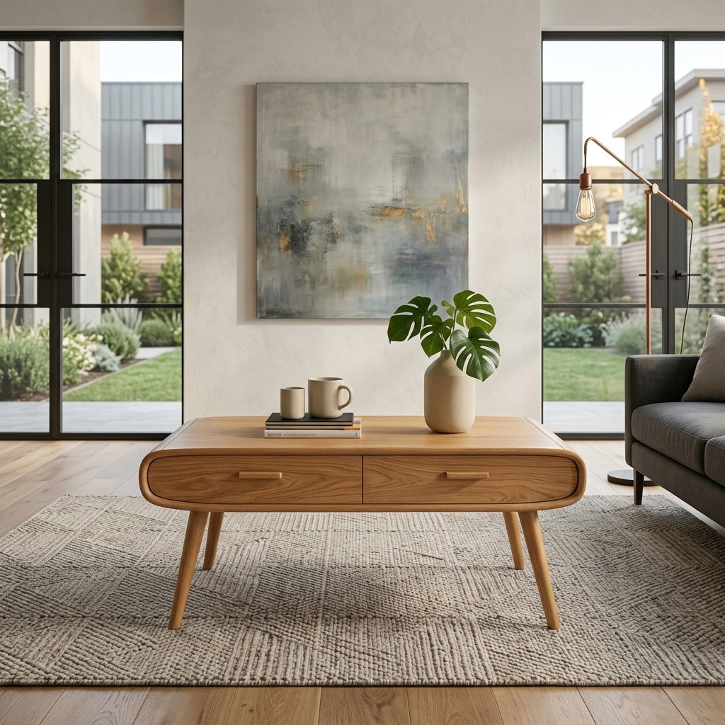 Mid Century Wood Coffee Table With Tapered Legs For Interior
