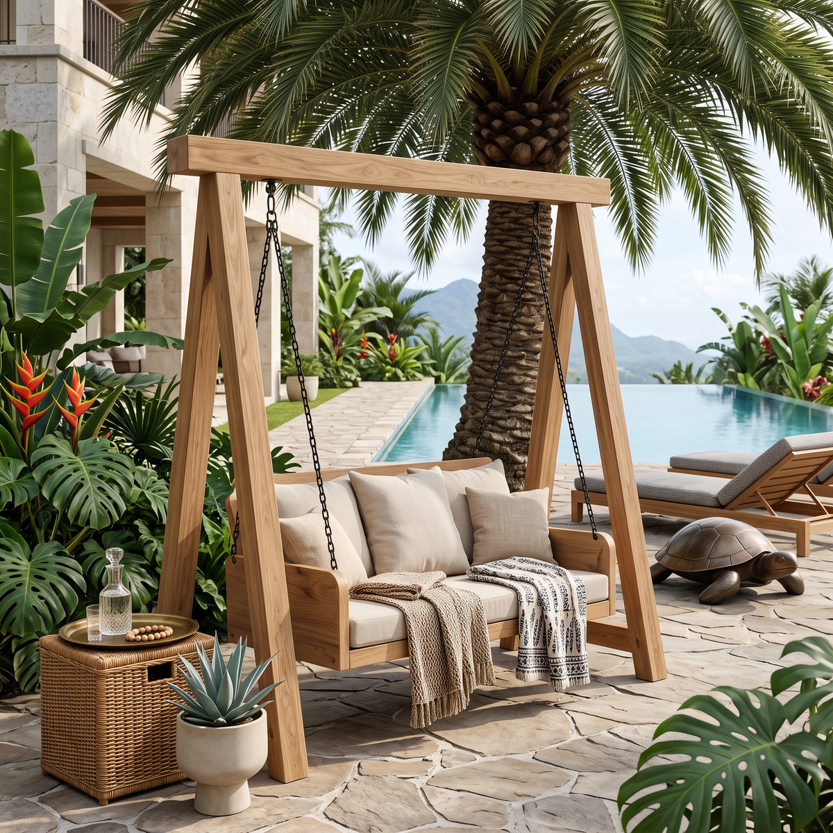 Organic Wood Swing With Backrest For Patio