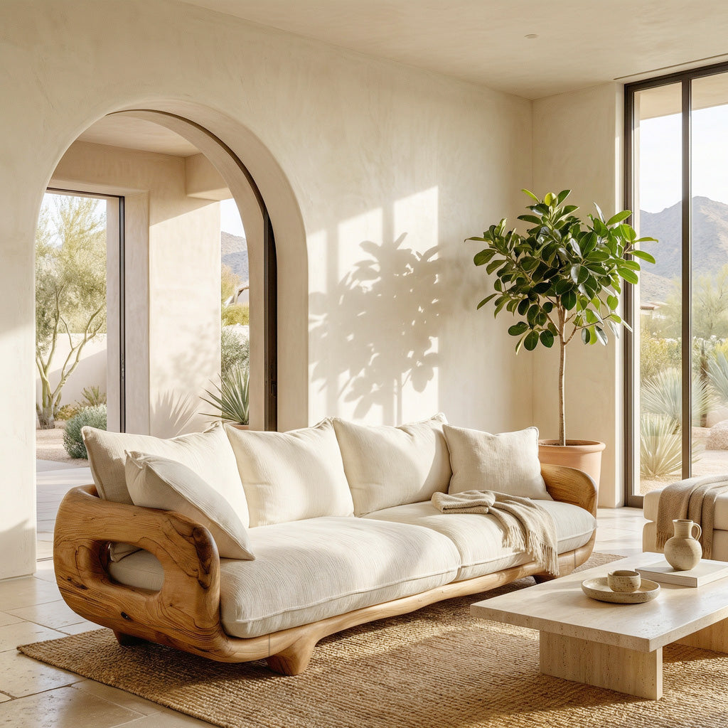 Modern Farmhouse Curved Sofa With Solid Frame For Living Room