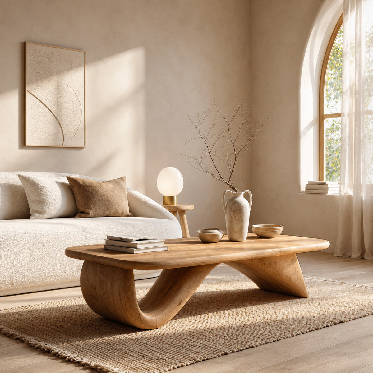 Organic Wood Coffee Table With Sculpted Curved Base For Living