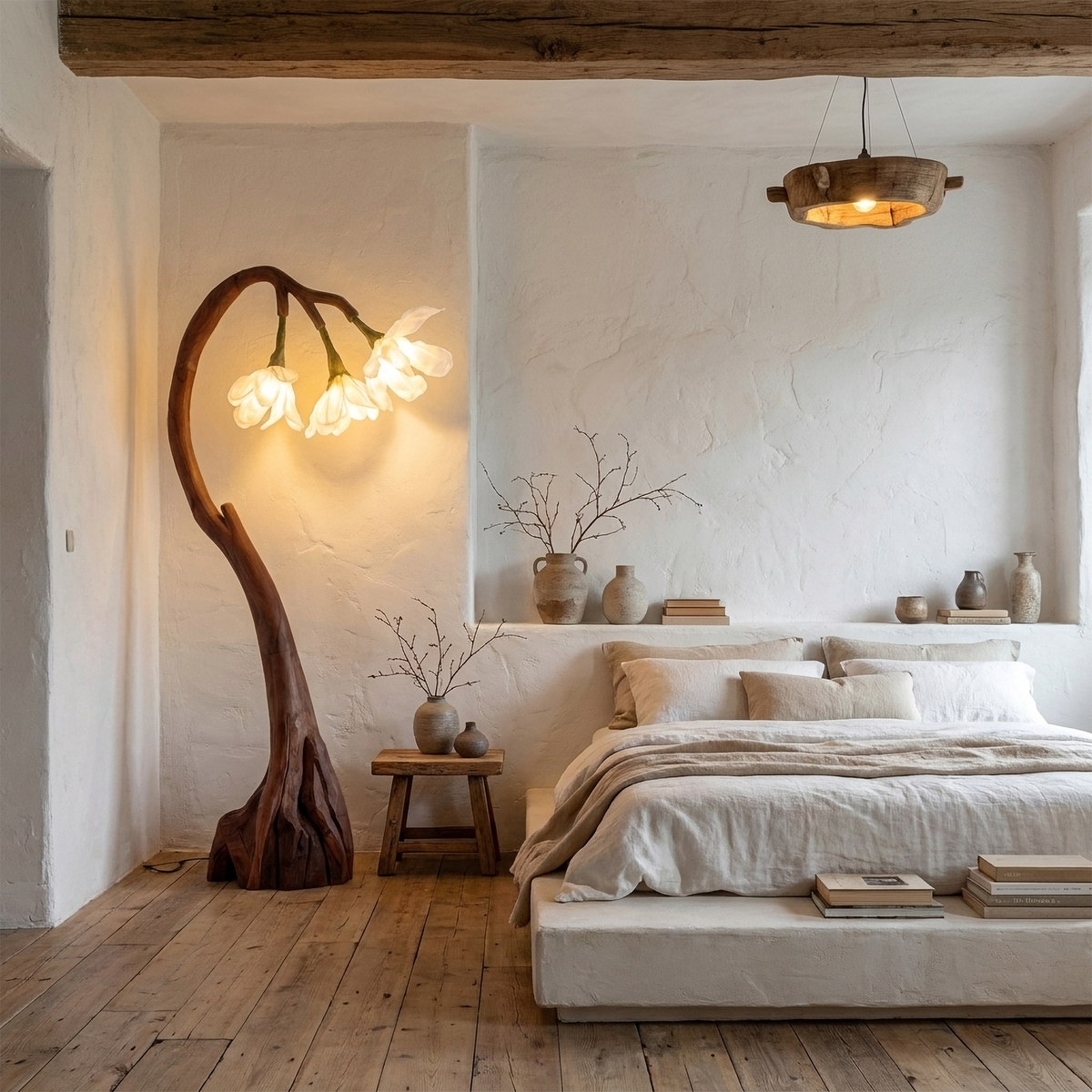 Floral Floor Lamp With Organic Wood Base