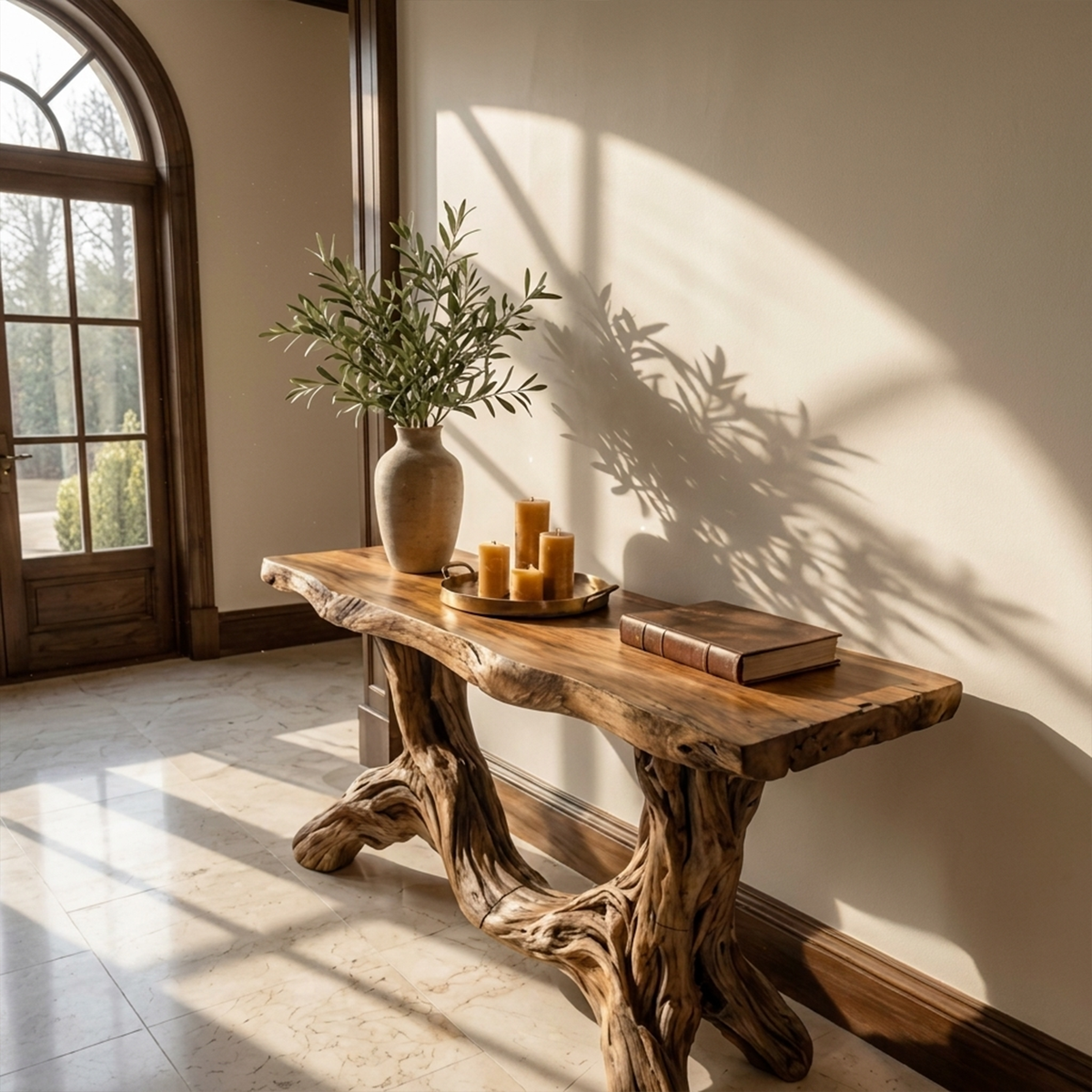 Sculptural Single Pedestal Wood Console Table