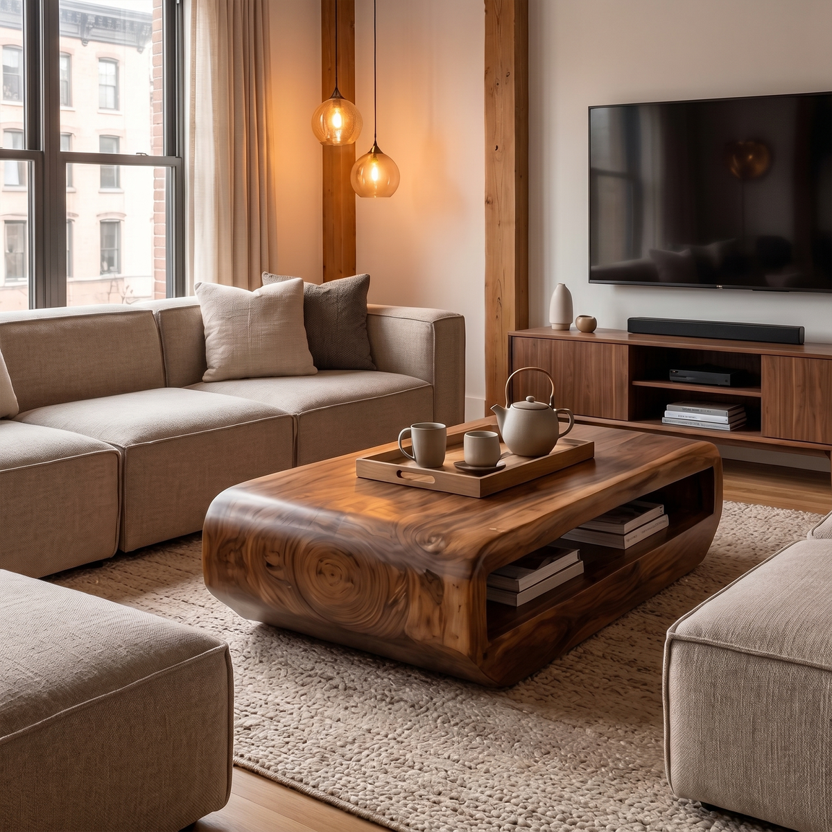 Rustic Natural Wood Coffee Table With Storage Shelf