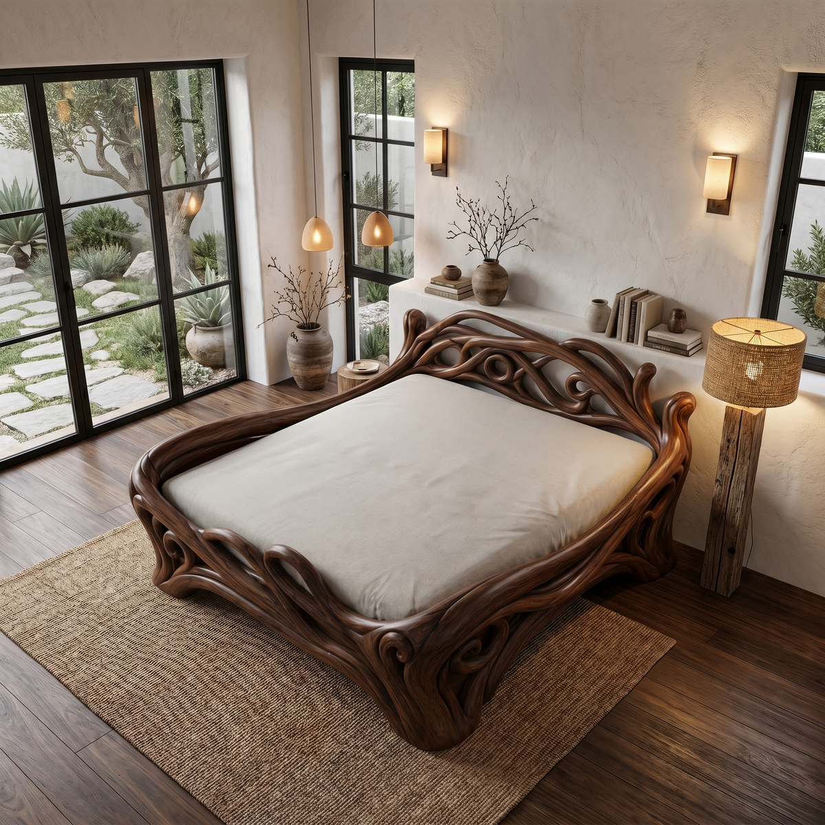 Organic Sculptural Bed Frame With Flowing Root-Inspired Wood Design