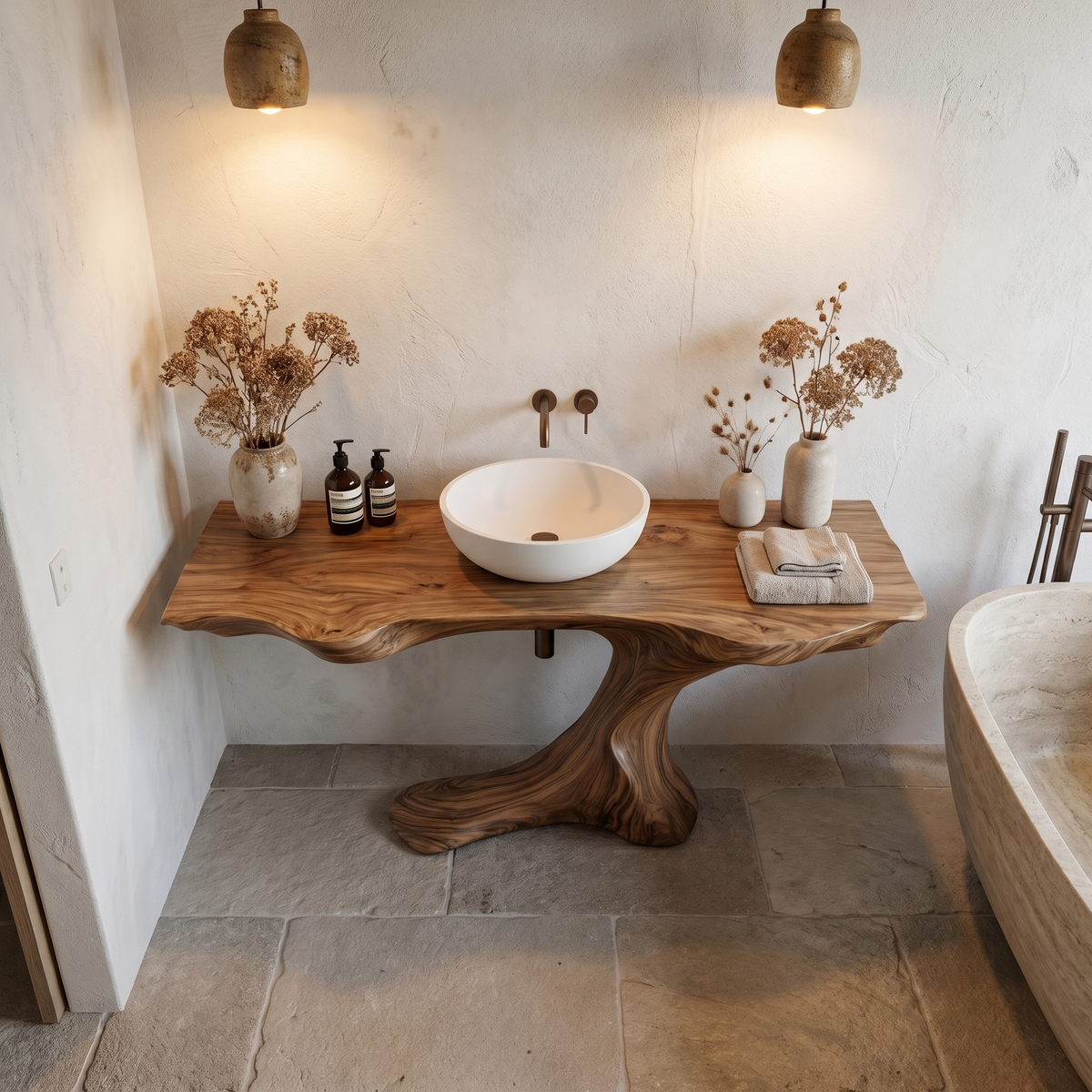 Rustic Organic Bathroom Vanity With Live Edge Countertop & Sculptural Tree Root Base