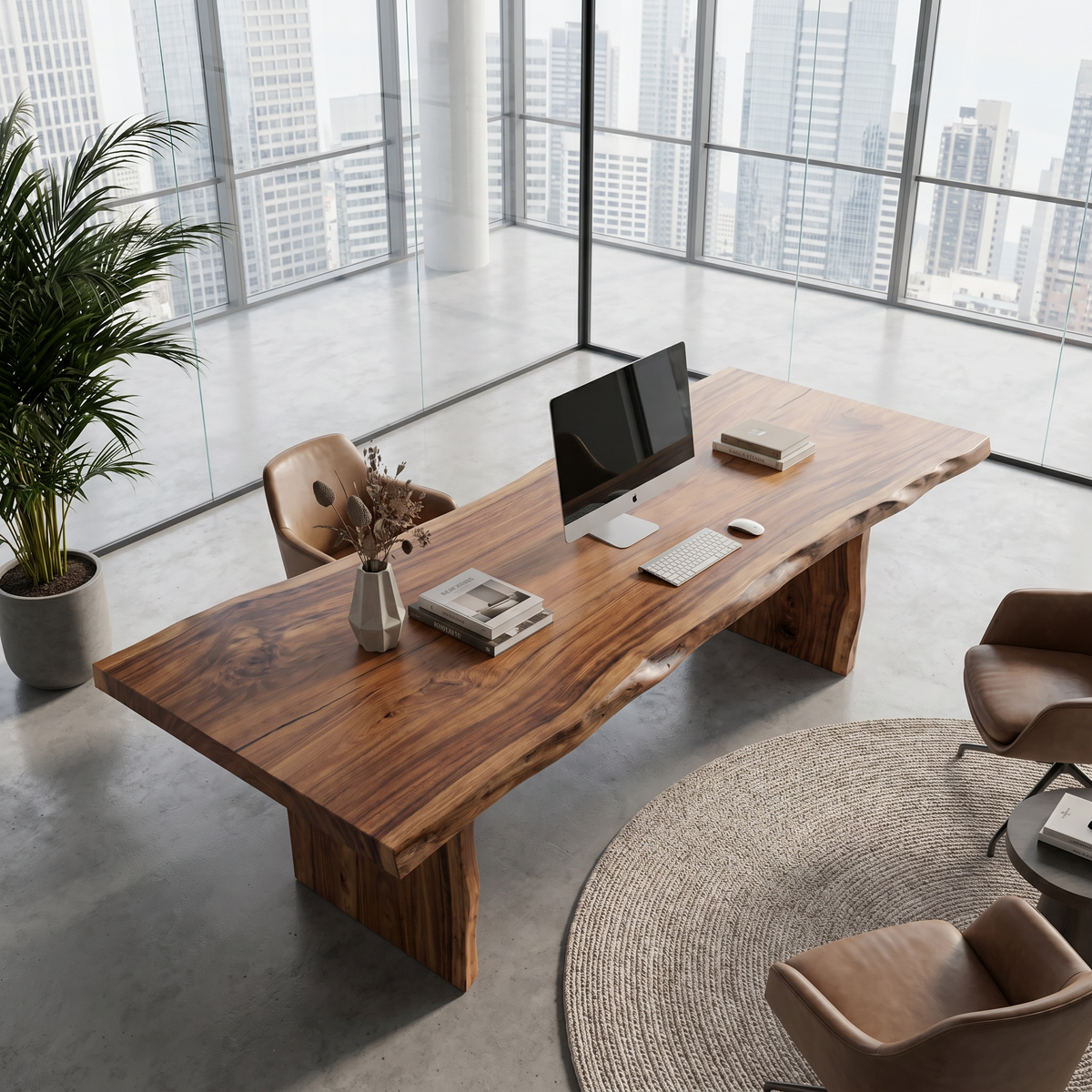 Rustic Live Edge Wooden Desk With Solid Wood Pedestal Base