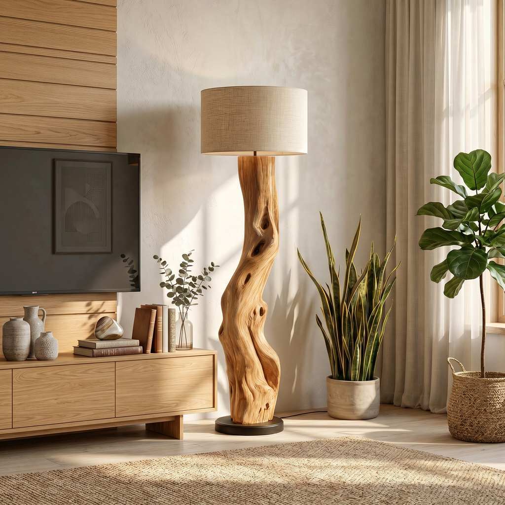 Modern Sculptural Wooden Standing Lamp For Bedroom And Corner