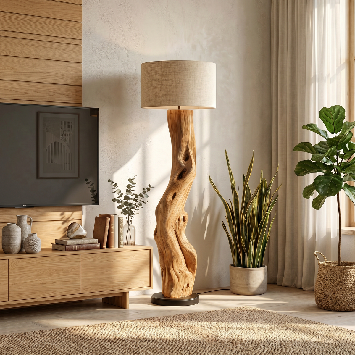 Modern Sculptural Wooden Standing Lamp For Bedroom And Corner