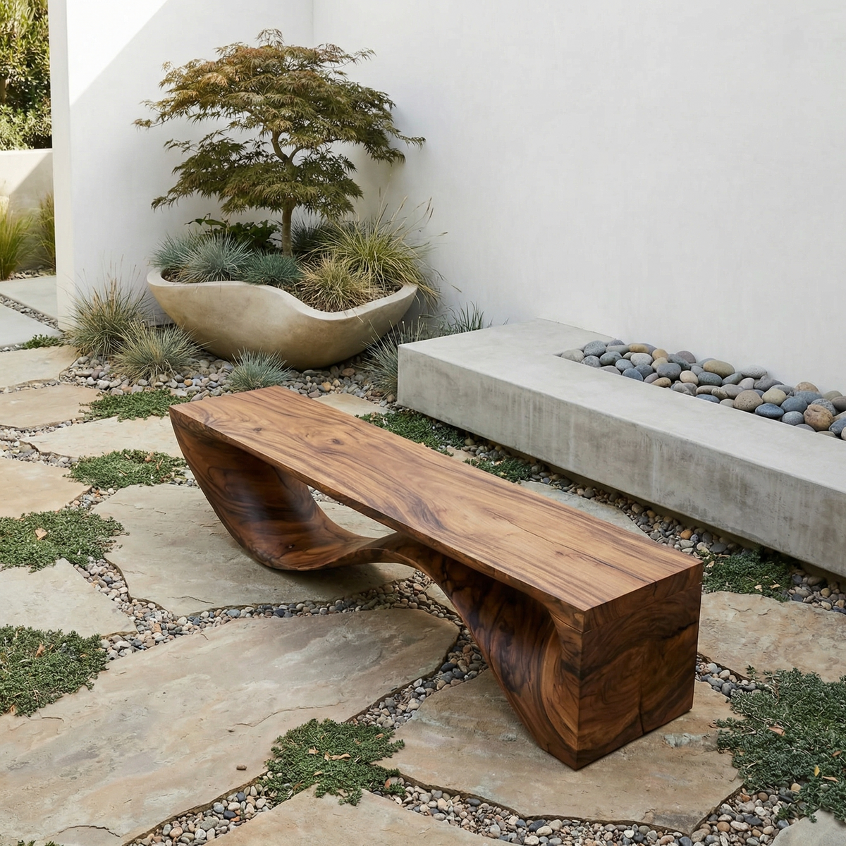 Sculptural Wave Bench Solid Wood Extended Curved Form Entryway