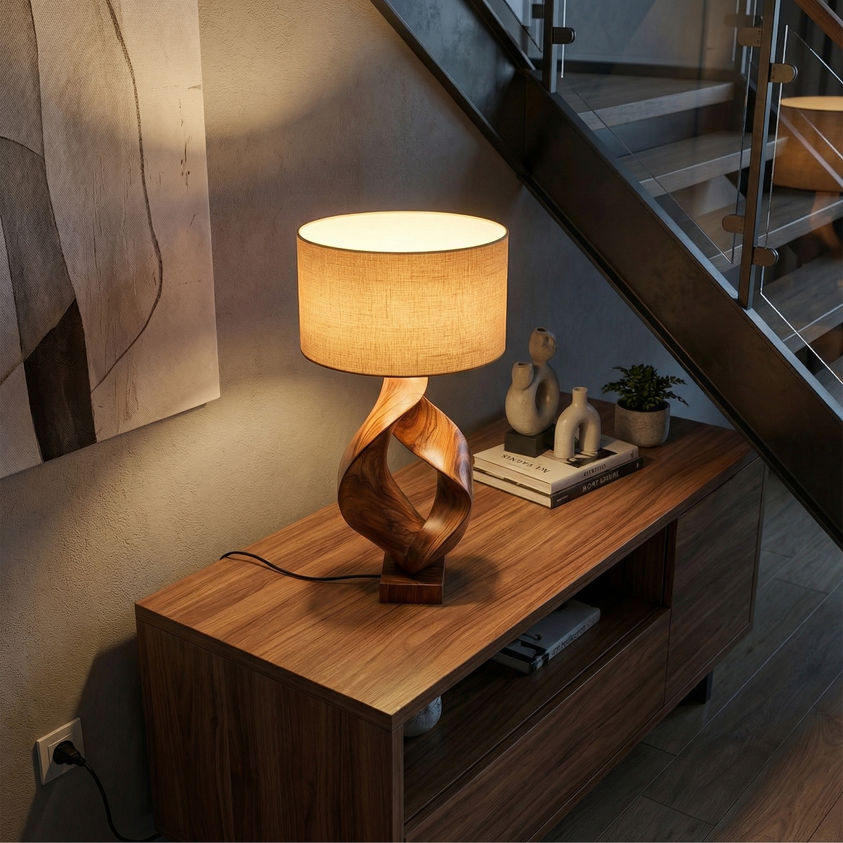 Rustic Sculptural Wood Table Lamp