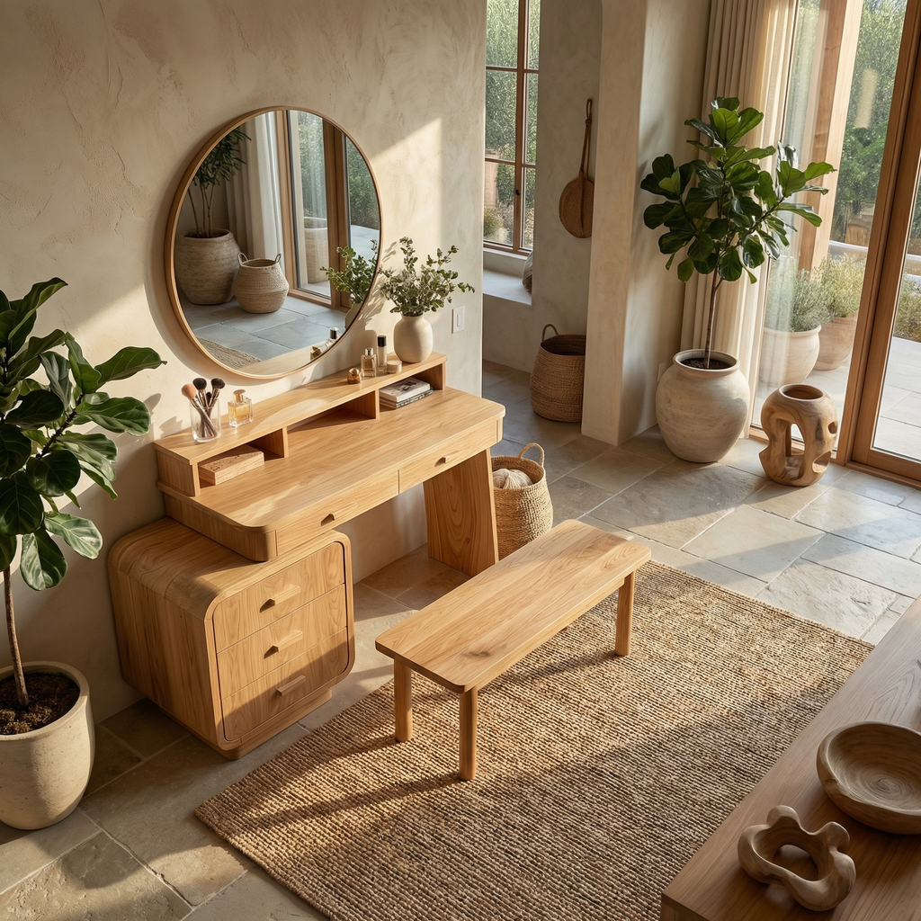 Mid Century Dressing Table With Storage Cabinet Soft Rounded Design For Bedroom