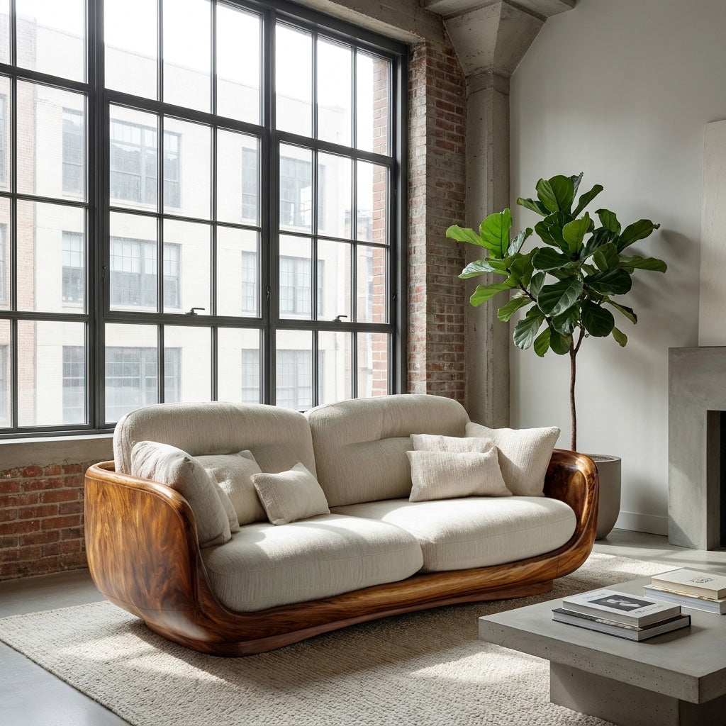 Organic Wooden Sofa With Rounded Edges For Living Room