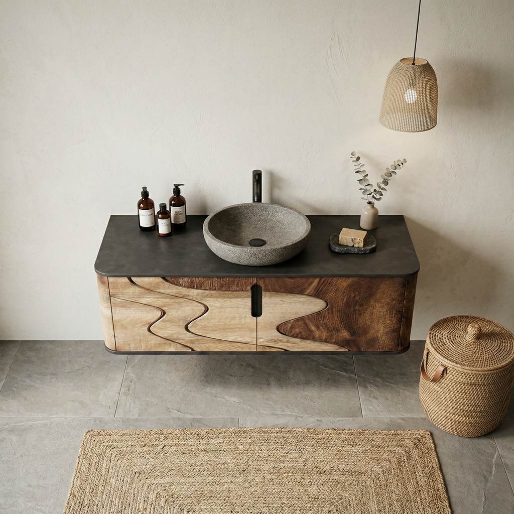 Organic Flow Bathroom Vanity Solid Wood Curved Front Storage Bathroom