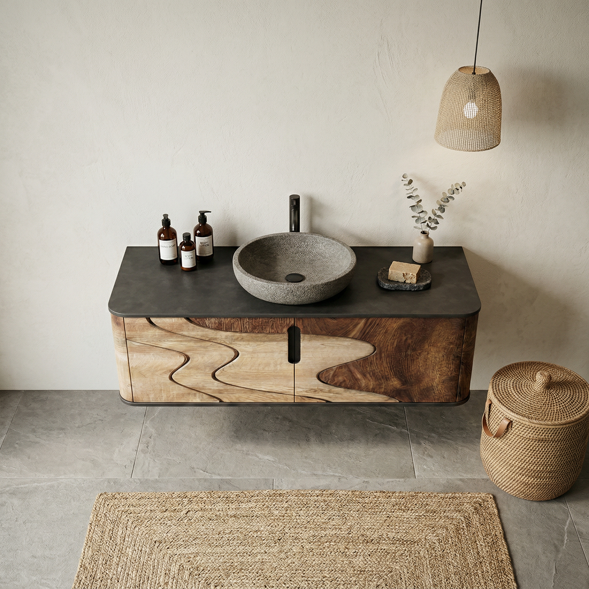 Organic Flow Bathroom Vanity Solid Wood Curved Front Storage Bathroom
