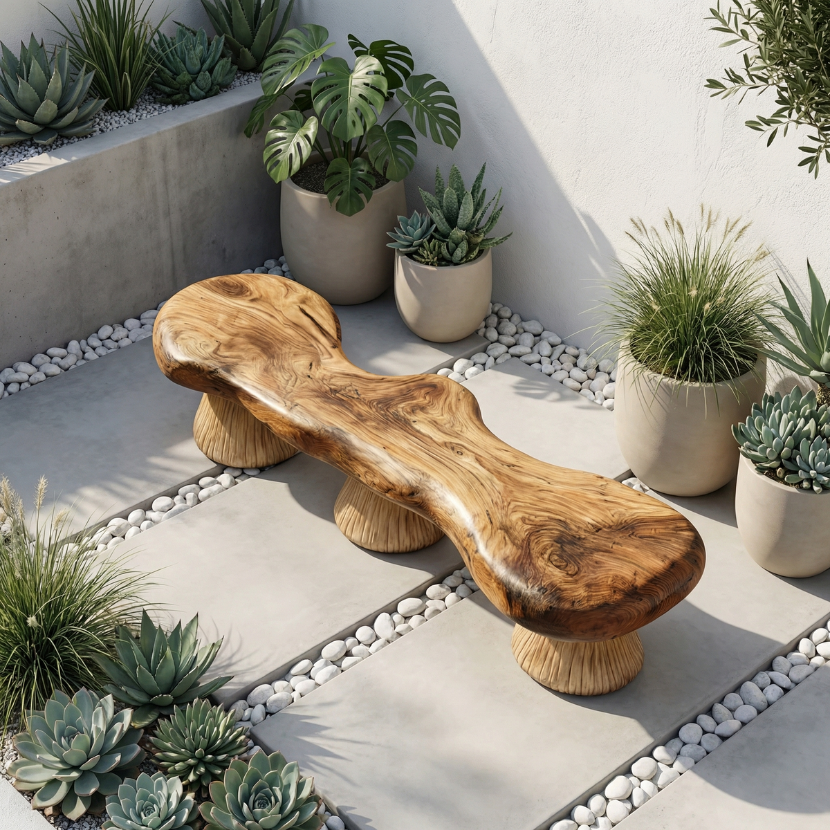 Natural Mushroom Bench Solid Wood Rustic Sculptural Design Entryway Or Garden Space