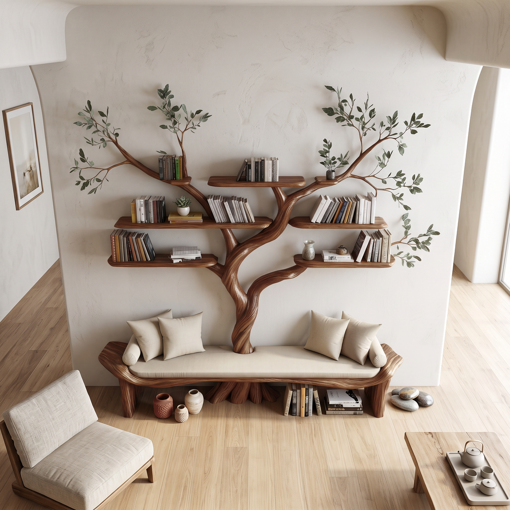 Rustic Sculptural Tree Bookshelf Bench Living Room Interior Statement Furniture