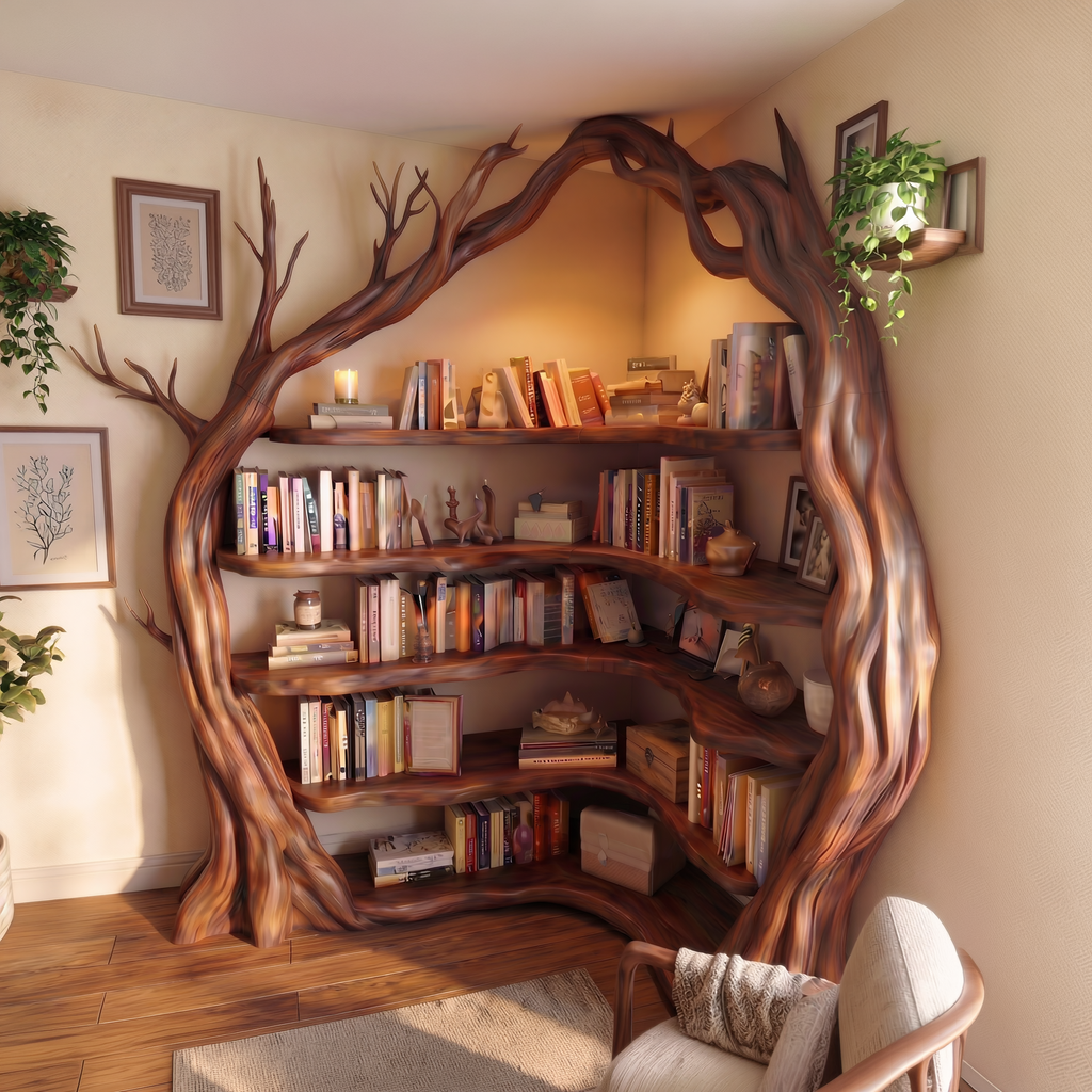 Statement Tree Corner Bookshelf For Living Room And Reading Nook
